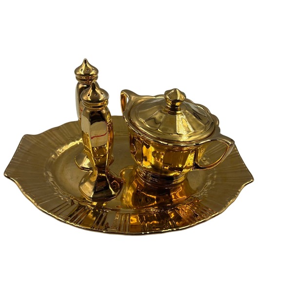 Vintage 22 Karat Gold Serving Tray Lid Dish Salt Pepper Shakers GLAM MidCentury - Picture 10 of 14